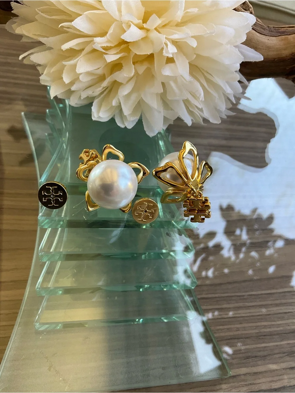 Tory Burch Gold Logo with White Pearl Drop Earrings